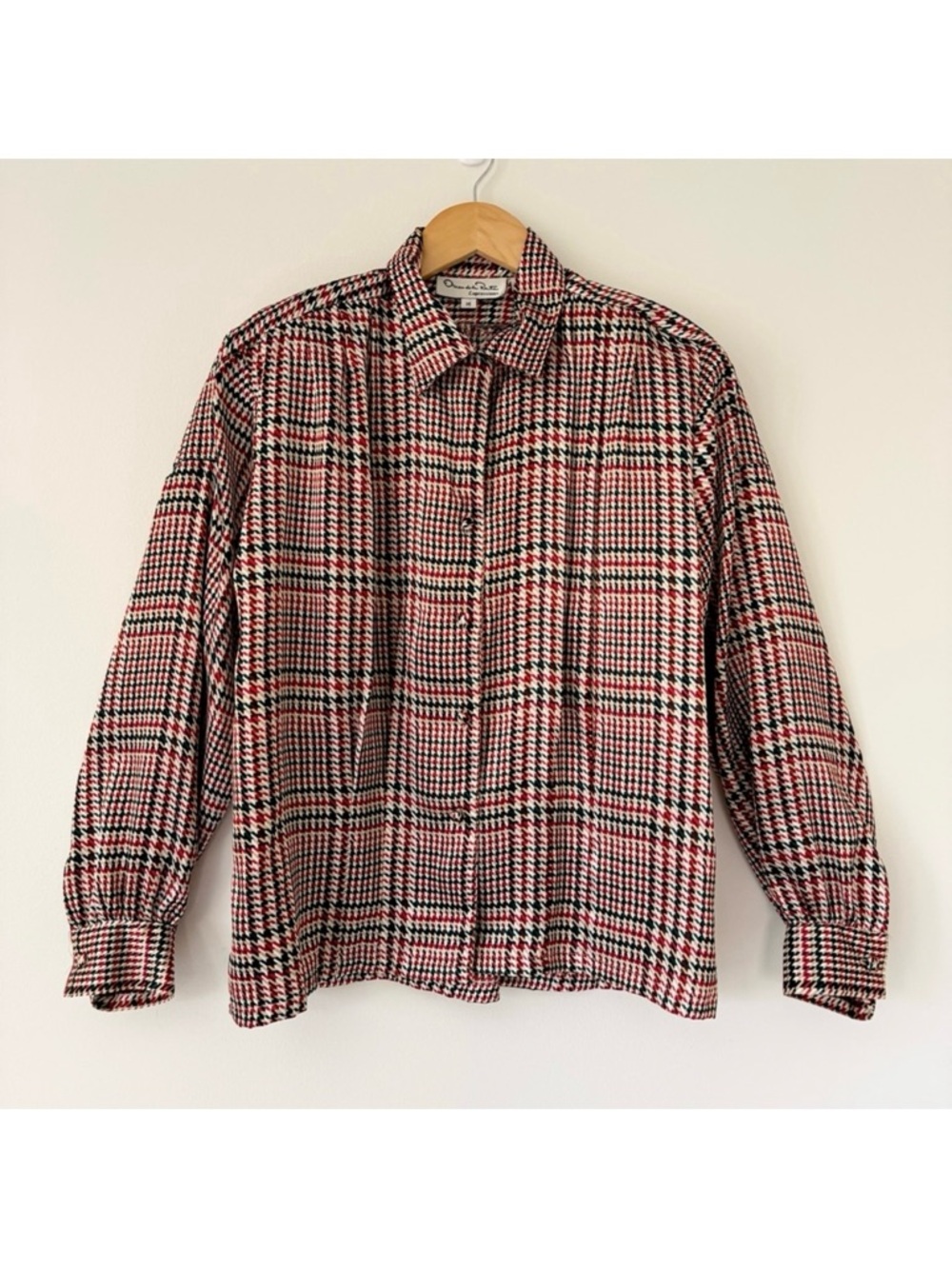 Oscar de la Renta Vintage Red, Green & White Houndstooth Blouse, Size 14